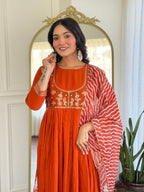 Women’s Orange Viscose Silk Stitched Kurta Set with Embroidered Chanderi Dupatta