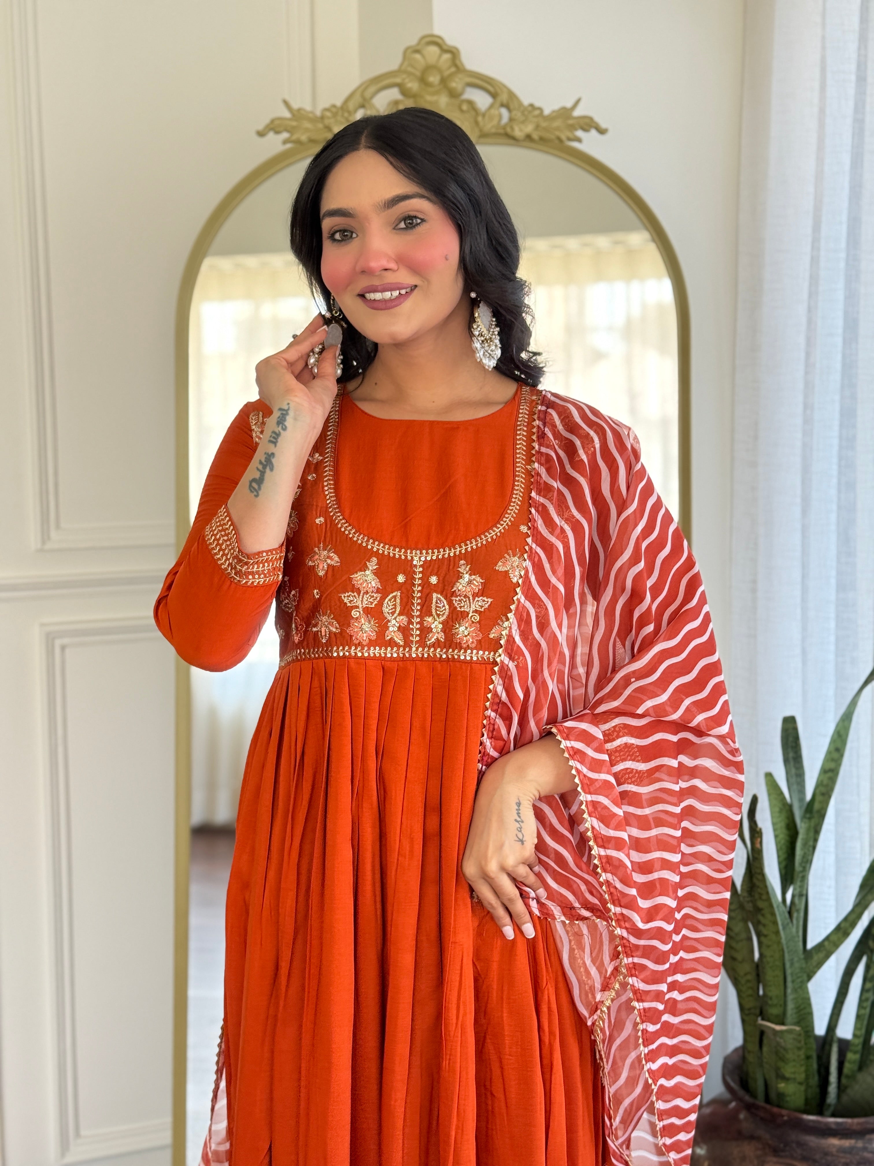 Women’s Orange Viscose Silk Stitched Kurta Set with Embroidered Chanderi Dupatta