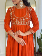 Women’s Orange Viscose Silk Stitched Kurta Set with Embroidered Chanderi Dupatta