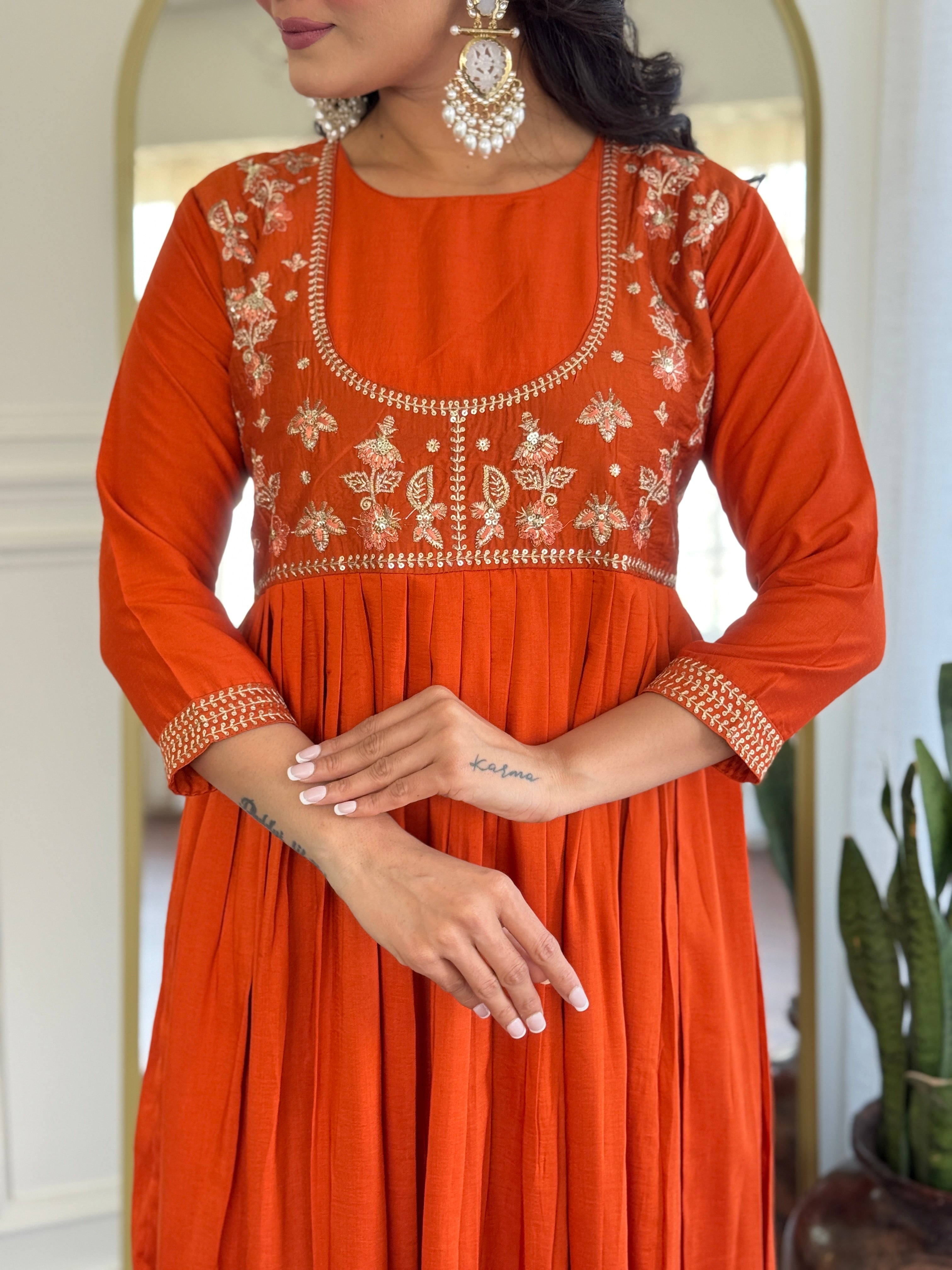 Women’s Orange Viscose Silk Stitched Kurta Set with Embroidered Chanderi Dupatta