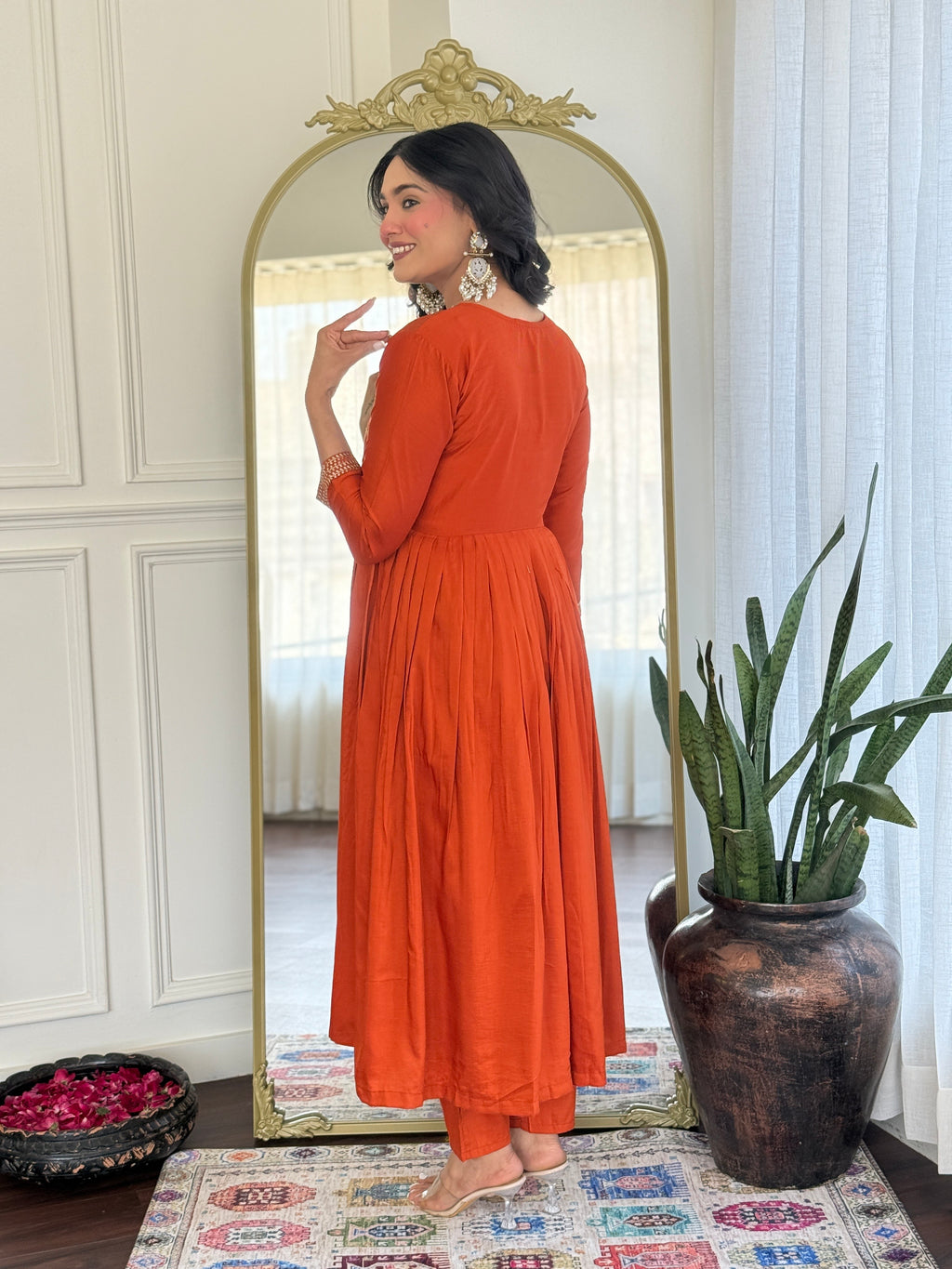 Women’s Orange Viscose Silk Stitched Kurta Set with Embroidered Chanderi Dupatta