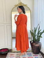Women’s Orange Viscose Silk Stitched Kurta Set with Embroidered Chanderi Dupatta