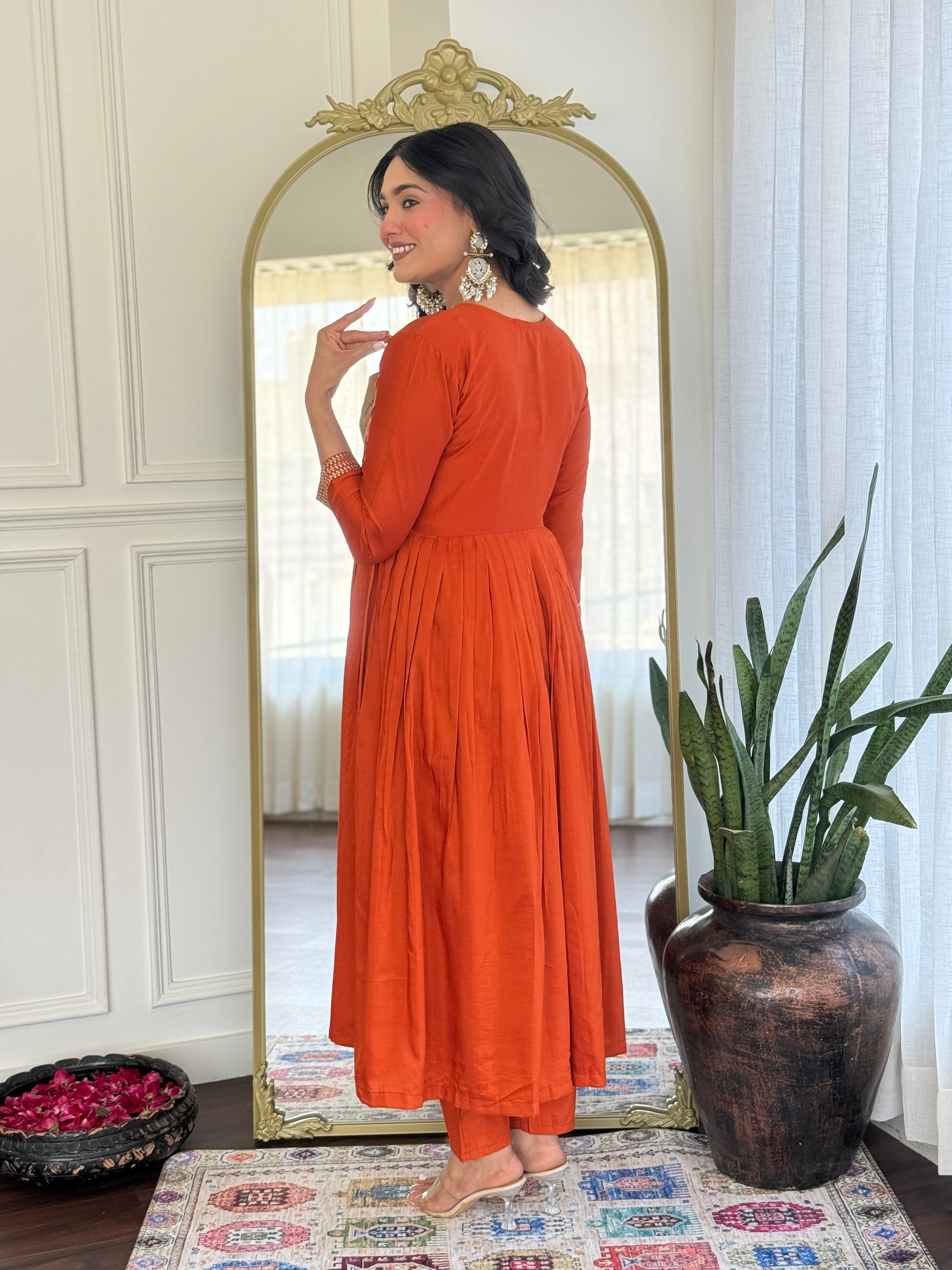 Women’s Orange Viscose Silk Stitched Kurta Set with Embroidered Chanderi Dupatta