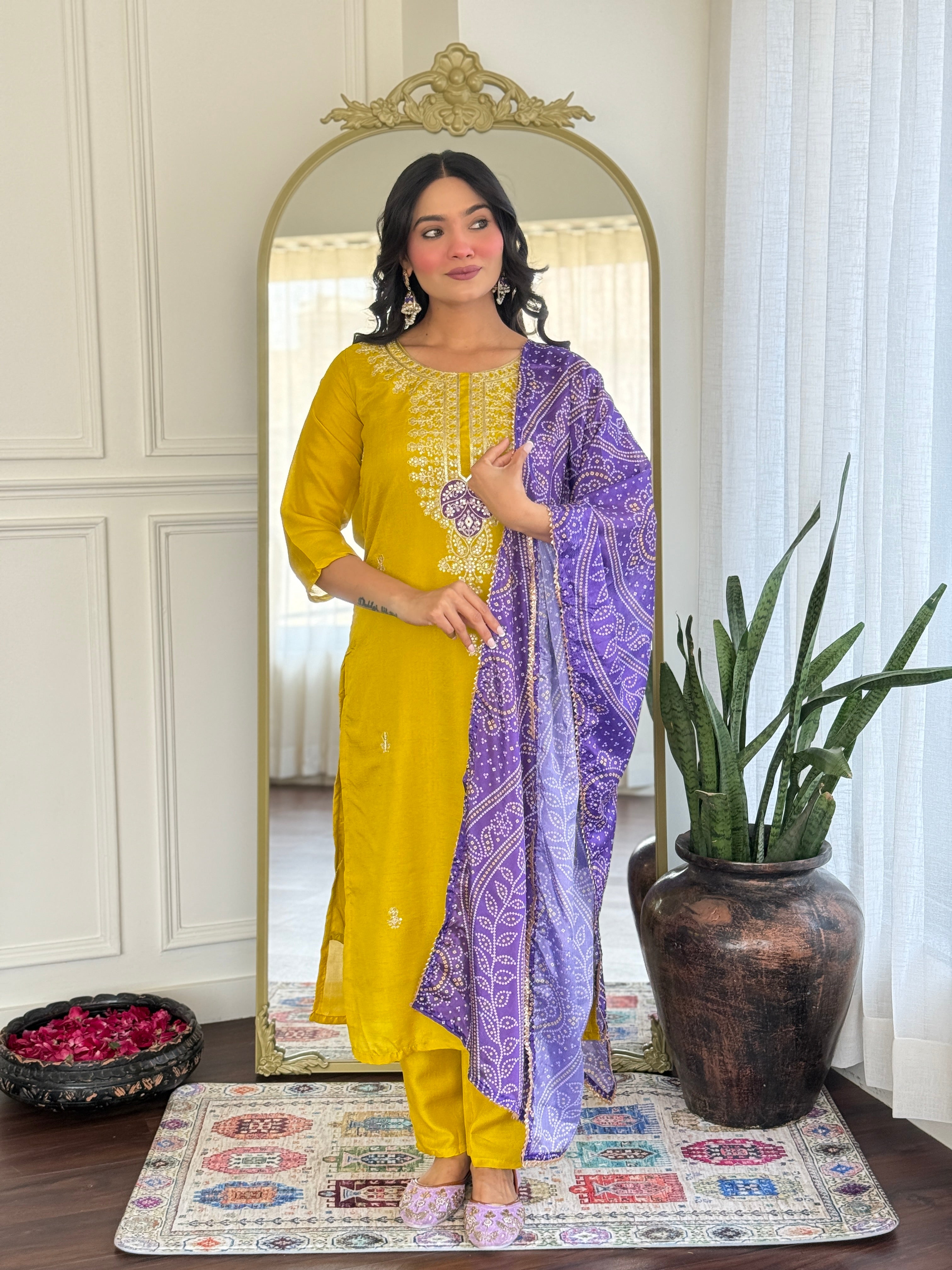 Women’s Yellow Vichitra Silk Stitched Kurta Set with Embroidered Chanderi Dupatta