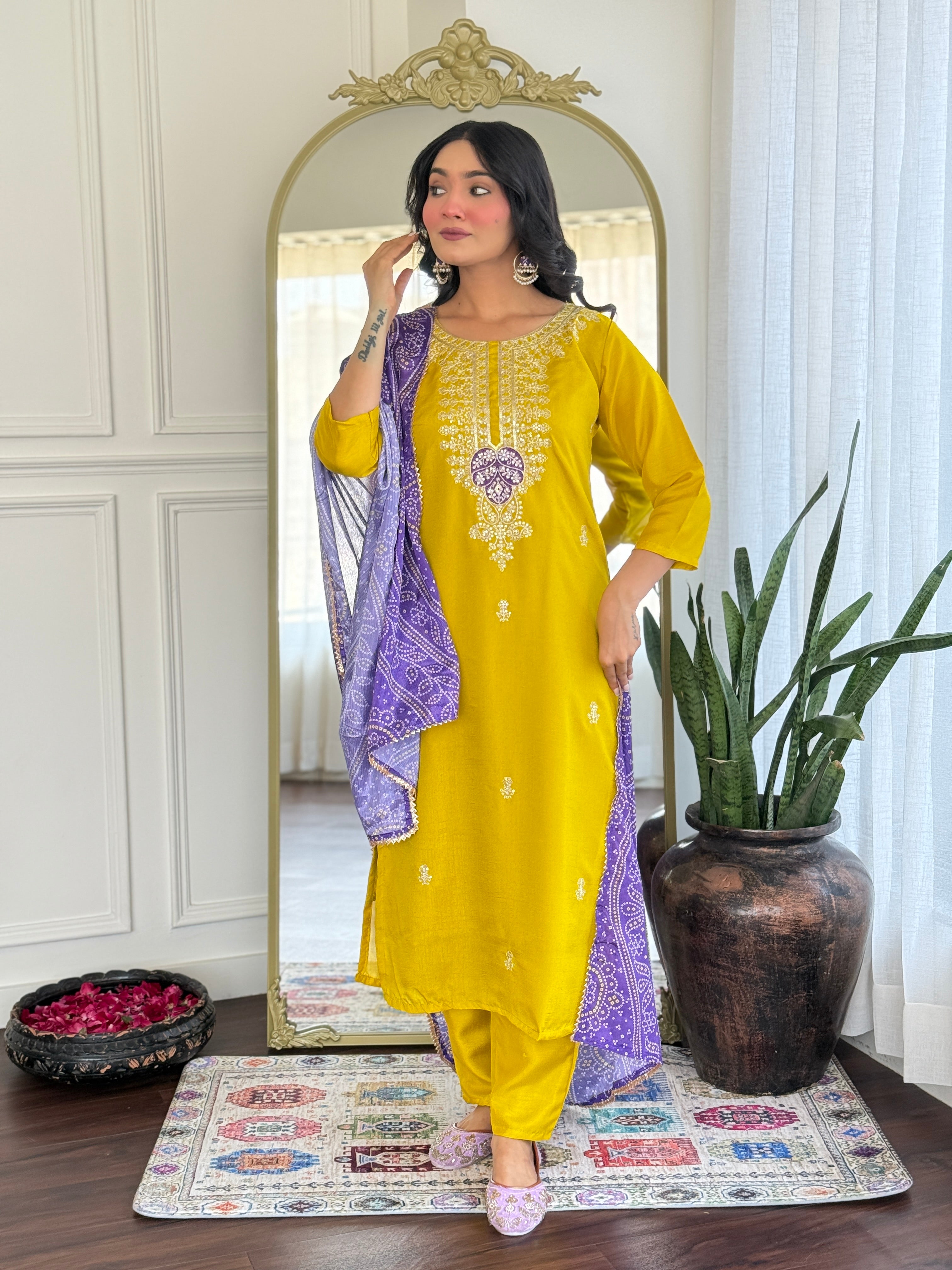 Women’s Yellow Vichitra Silk Stitched Kurta Set with Embroidered Chanderi Dupatta