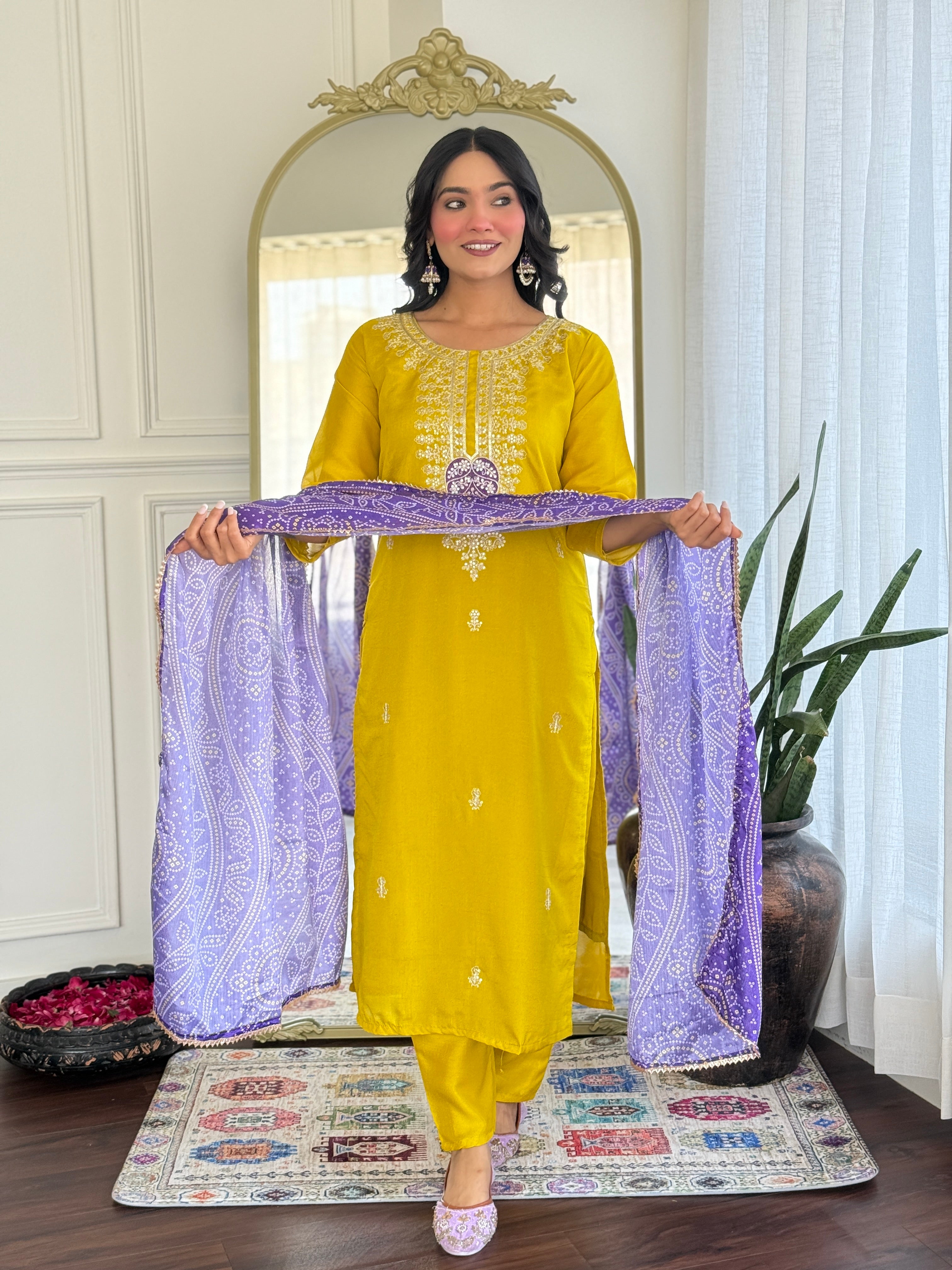 Women’s Yellow Vichitra Silk Stitched Kurta Set with Embroidered Chanderi Dupatta