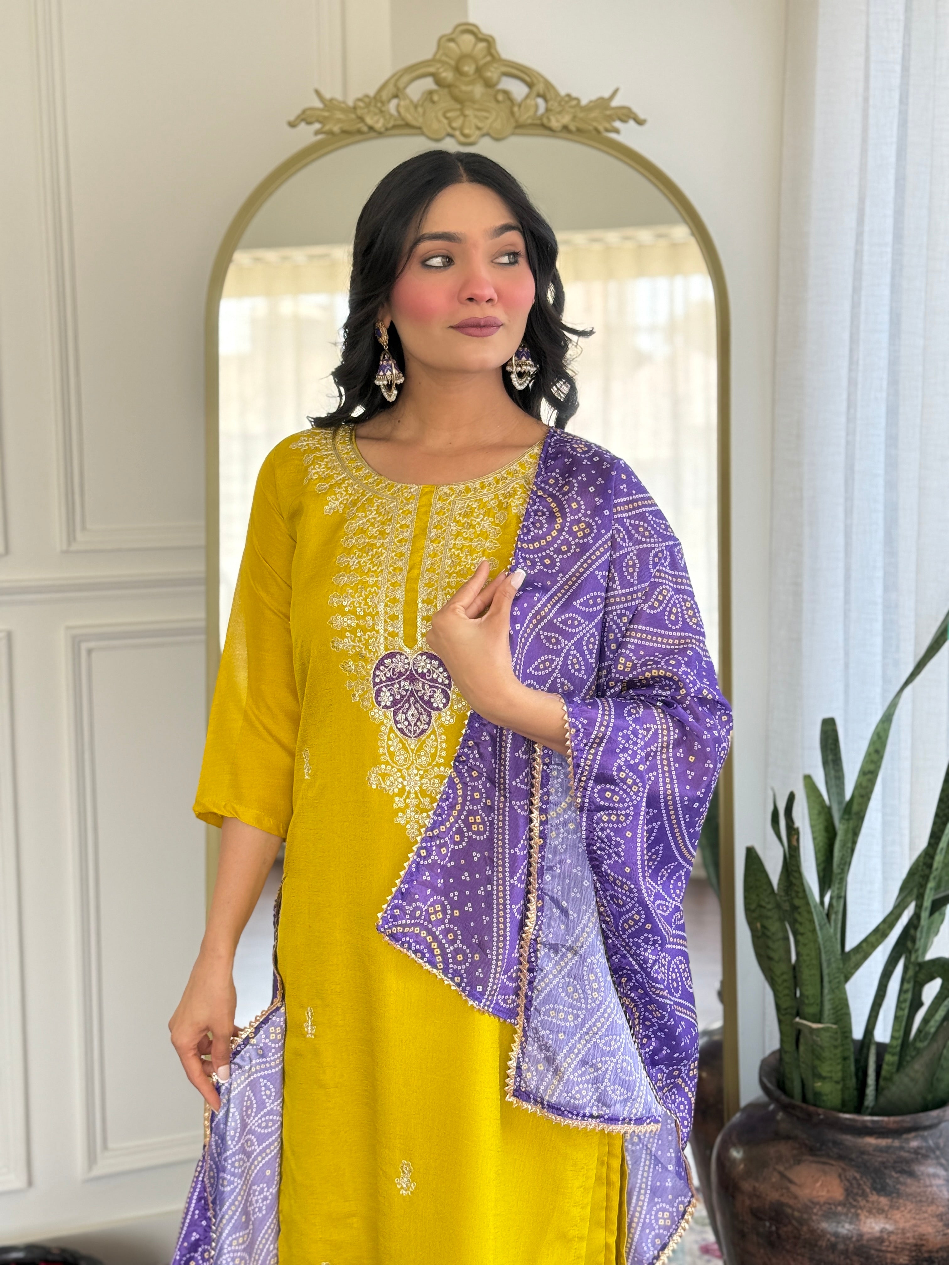 Women’s Yellow Vichitra Silk Stitched Kurta Set with Embroidered Chanderi Dupatta