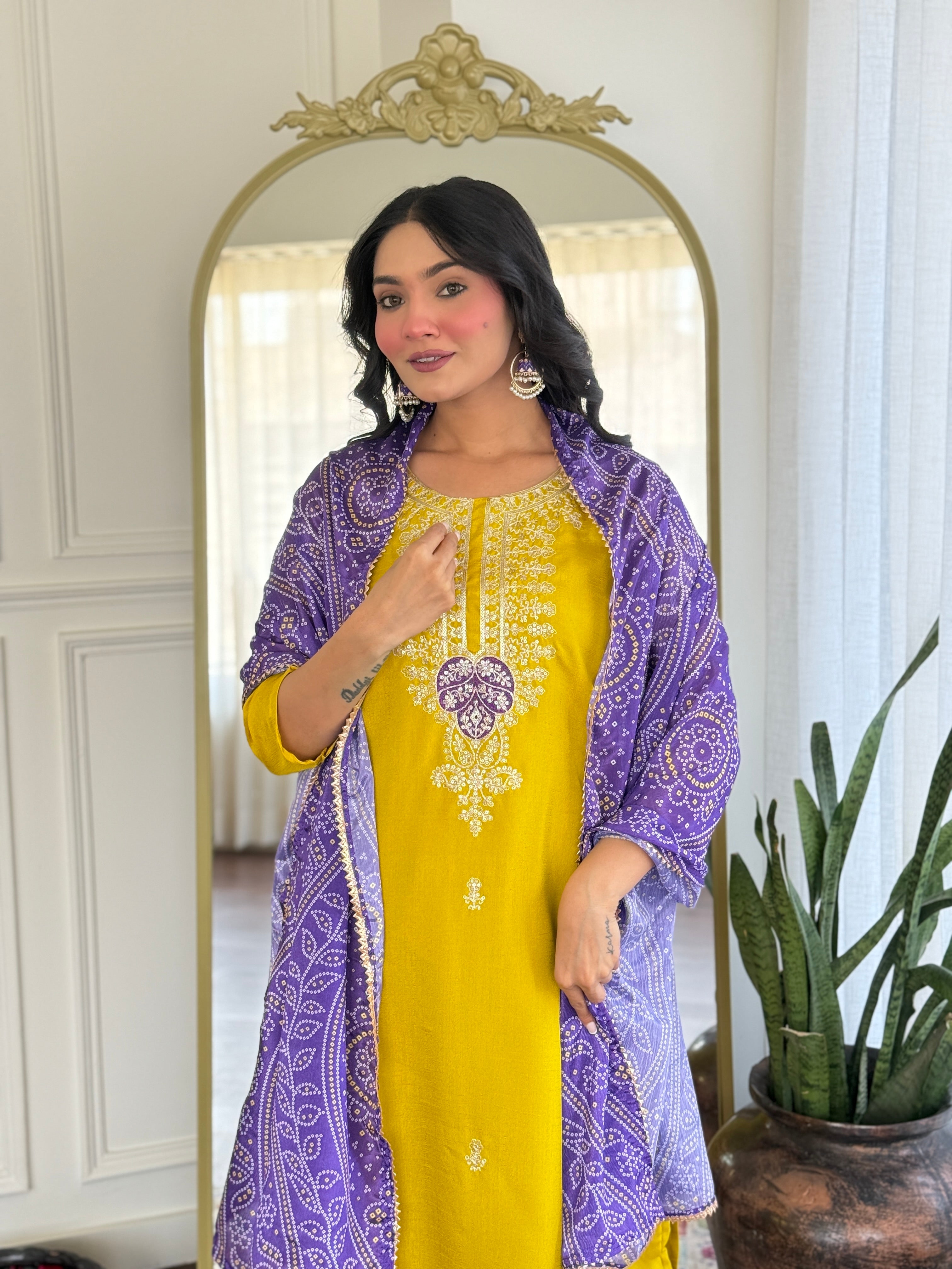 Women’s Yellow Vichitra Silk Stitched Kurta Set with Embroidered Chanderi Dupatta