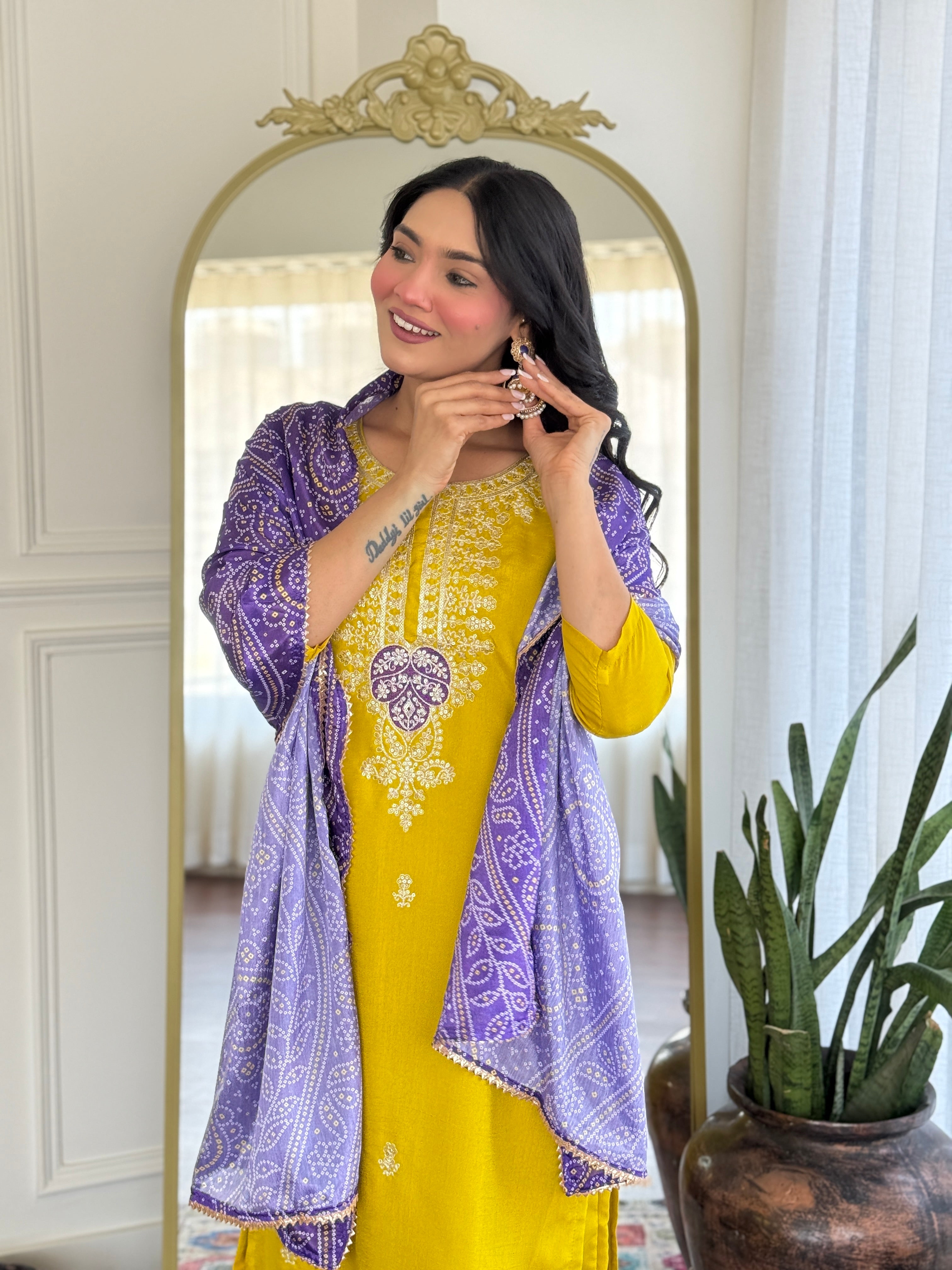 Women’s Yellow Vichitra Silk Stitched Kurta Set with Embroidered Chanderi Dupatta