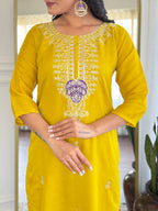 Women’s Yellow Vichitra Silk Stitched Kurta Set with Embroidered Chanderi Dupatta