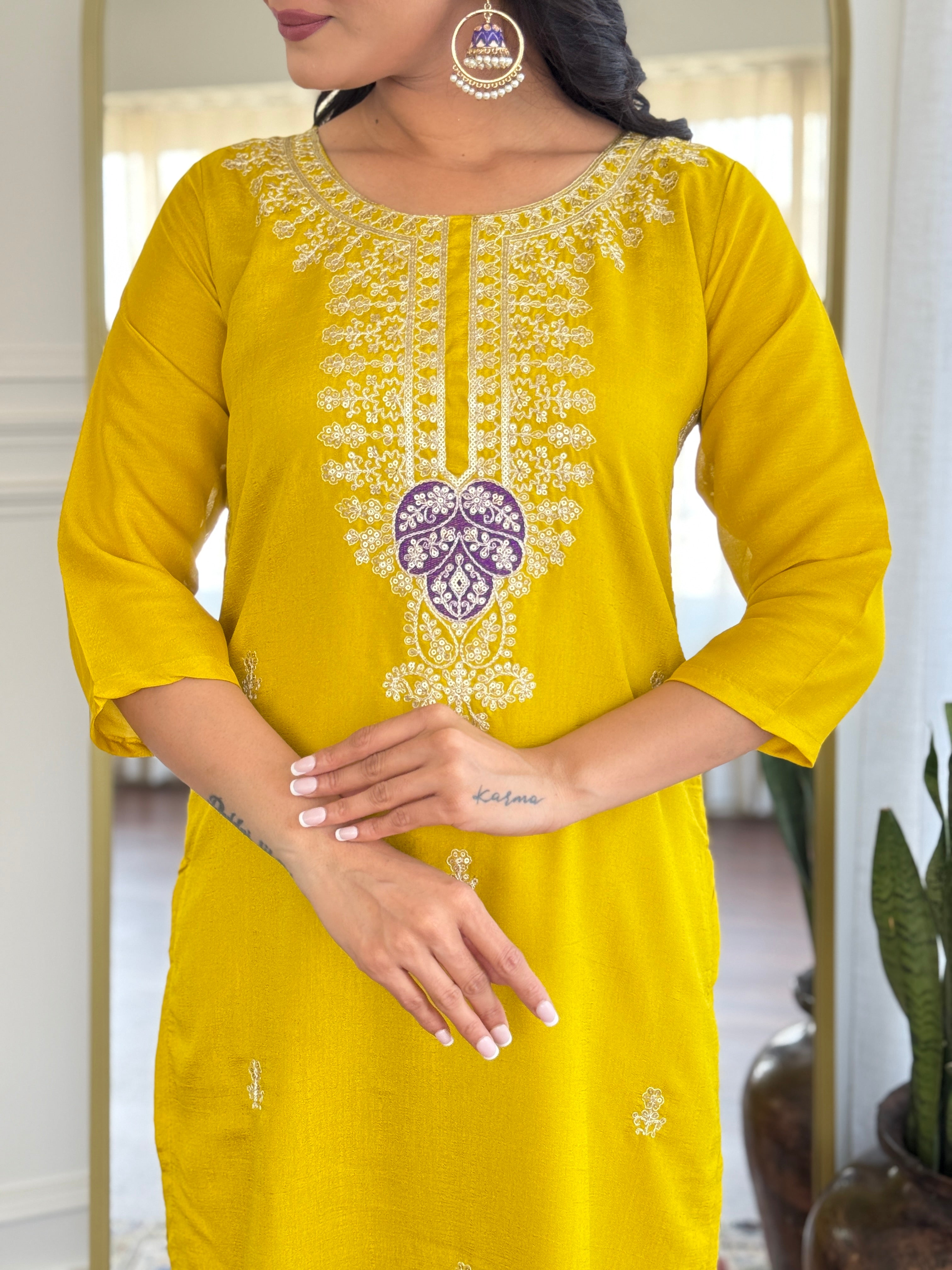 Women’s Yellow Vichitra Silk Stitched Kurta Set with Embroidered Chanderi Dupatta