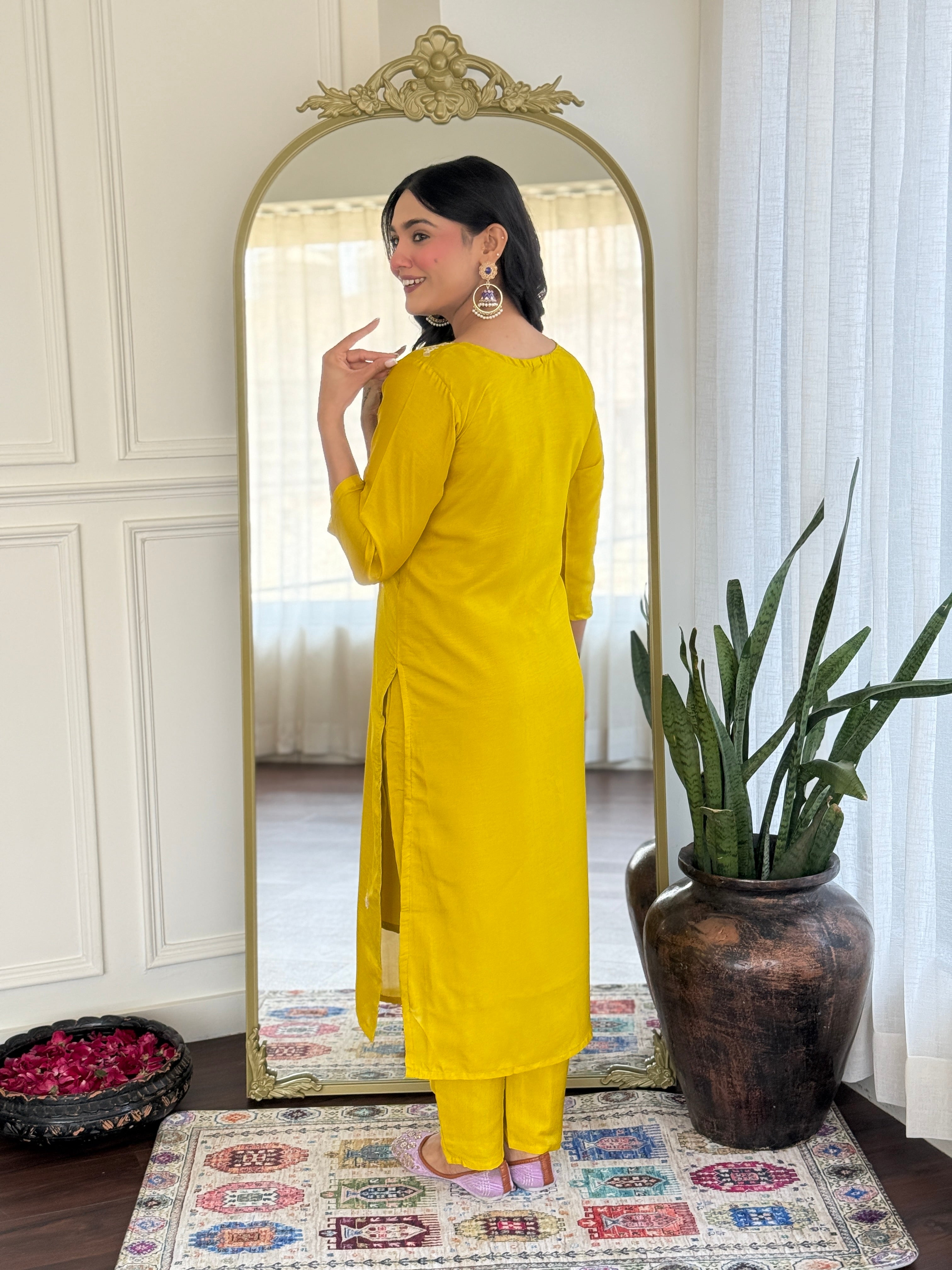 Women’s Yellow Vichitra Silk Stitched Kurta Set with Embroidered Chanderi Dupatta