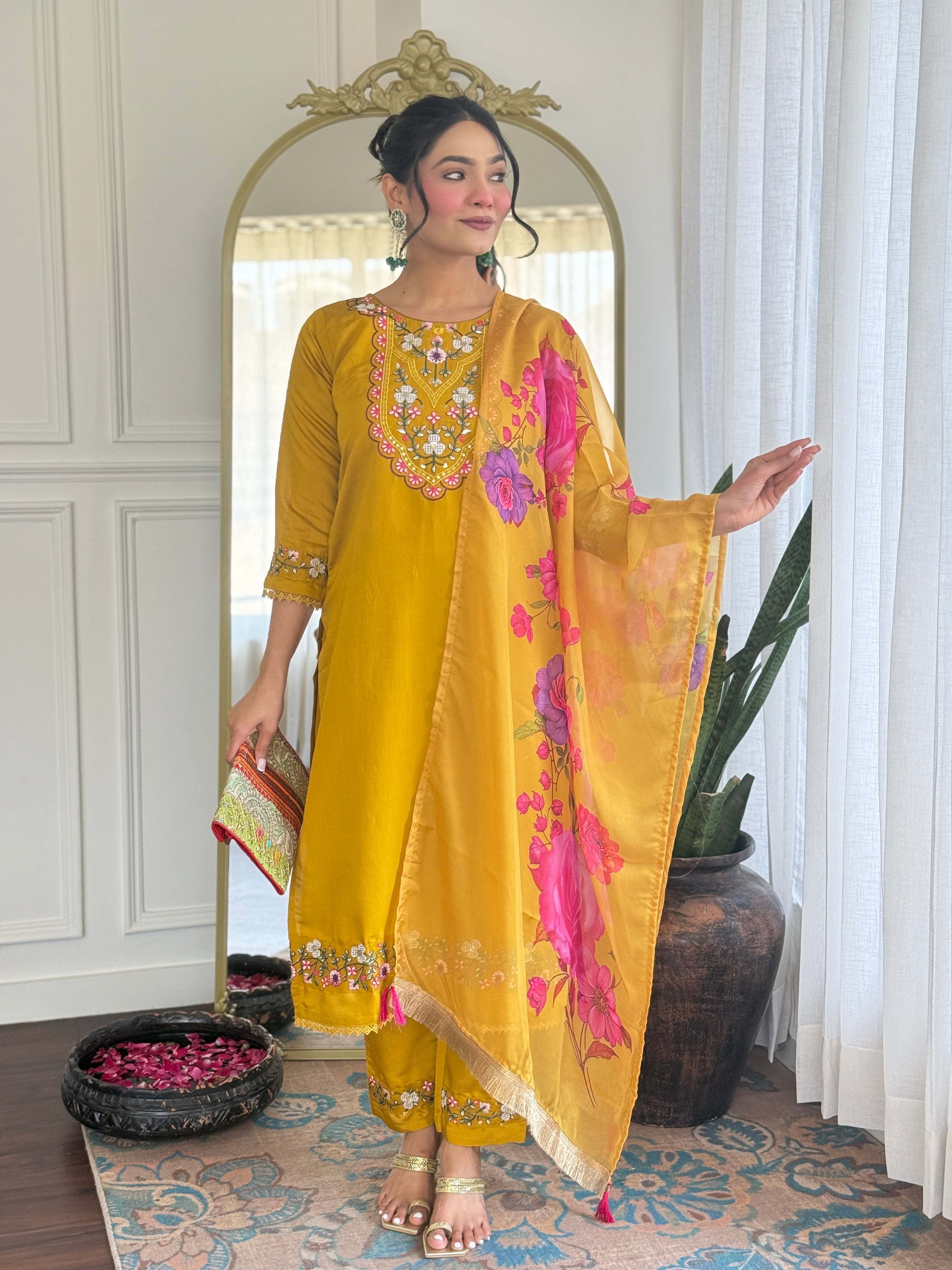 Women’s Yellow Viscose Chanderi Embroidered Kurta Set with Organza Cut-Work Dupatta