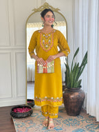 Women’s Yellow Viscose Chanderi Embroidered Kurta Set with Organza Cut-Work Dupatta