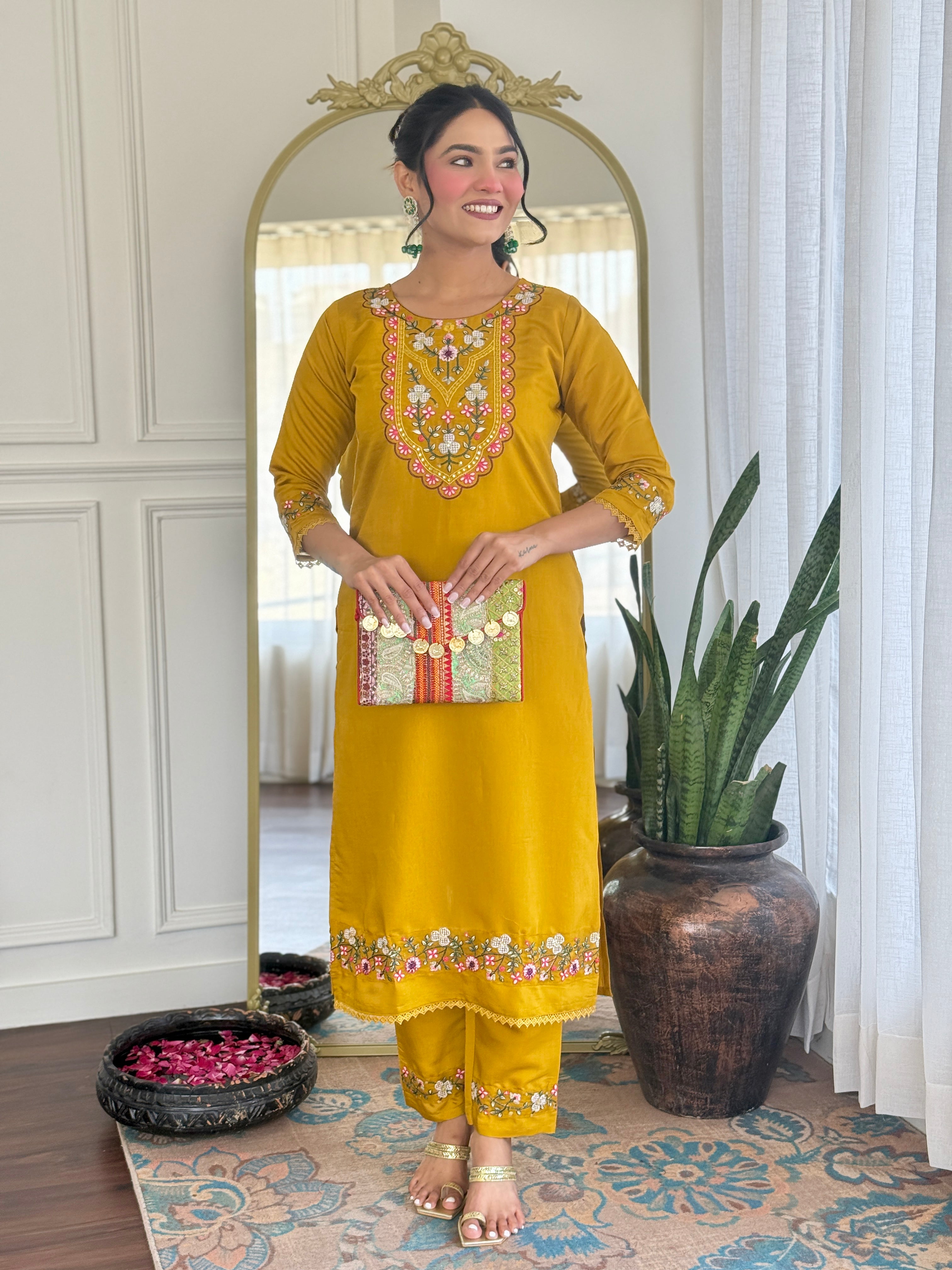 Women’s Yellow Viscose Chanderi Embroidered Kurta Set with Organza Cut-Work Dupatta