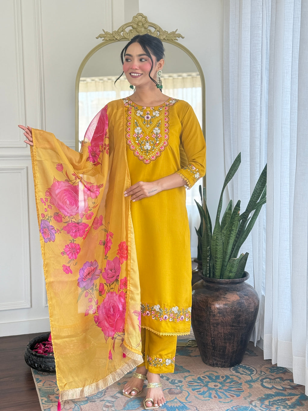 Women’s Yellow Viscose Chanderi Embroidered Kurta Set with Organza Cut-Work Dupatta