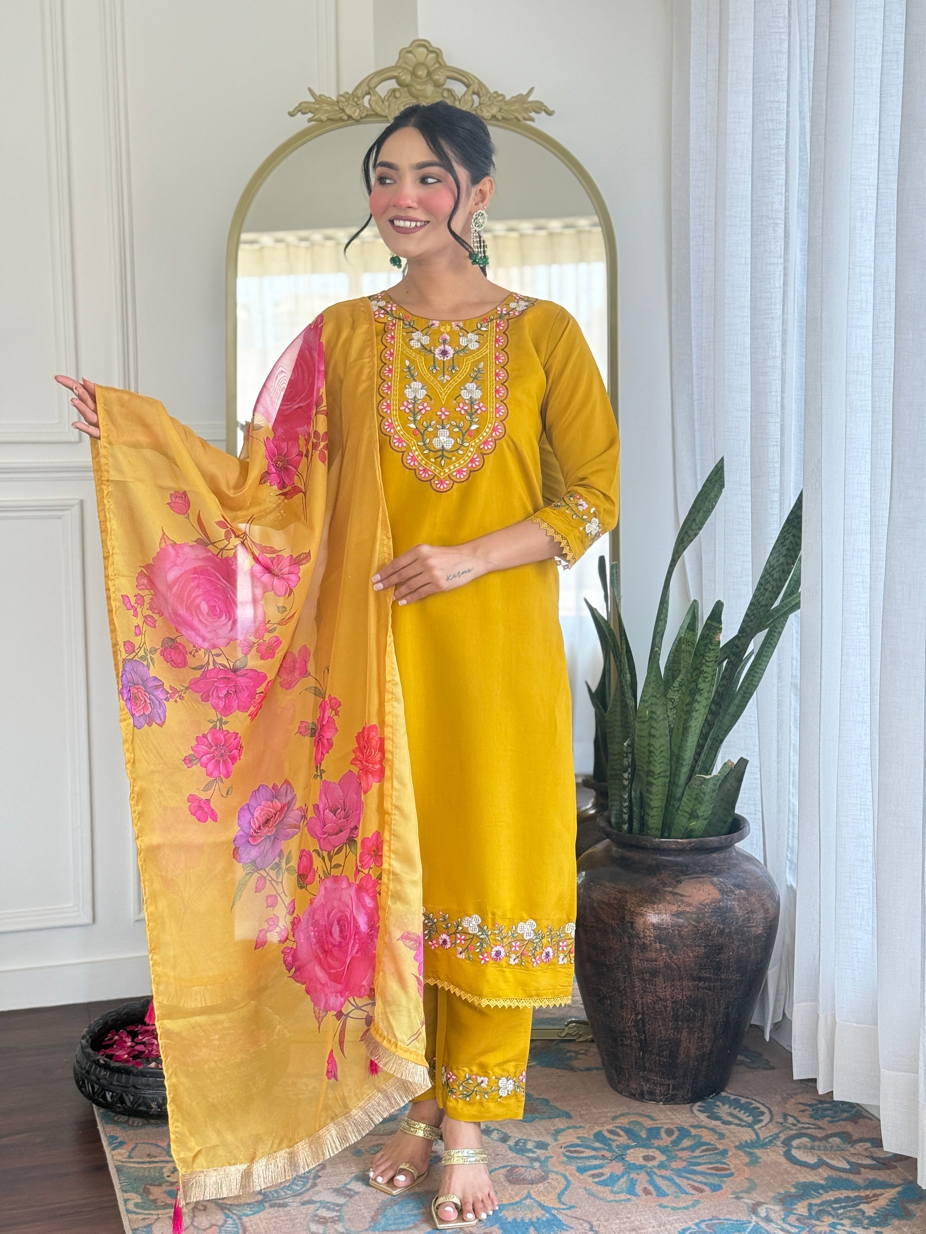 Women’s Yellow Viscose Chanderi Embroidered Kurta Set with Organza Cut-Work Dupatta