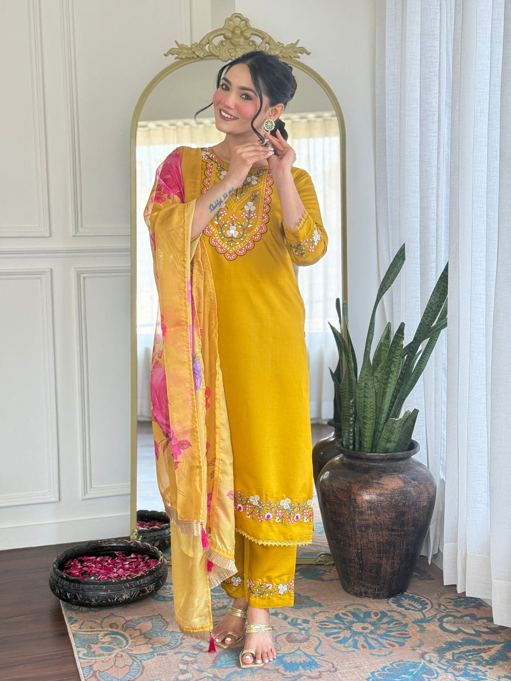 Women’s Yellow Viscose Chanderi Embroidered Kurta Set with Organza Cut-Work Dupatta