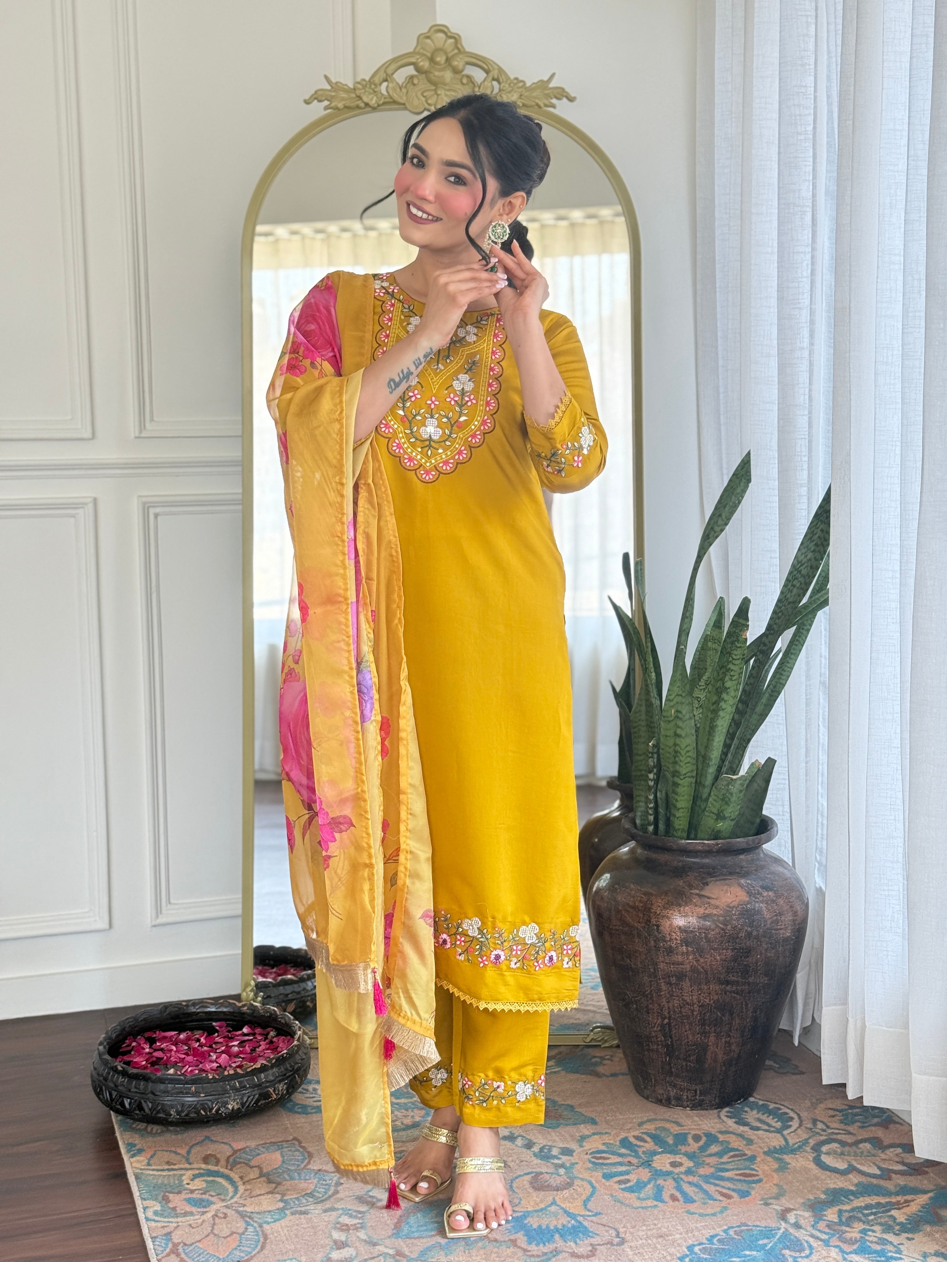 Women’s Yellow Viscose Chanderi Embroidered Kurta Set with Organza Cut-Work Dupatta
