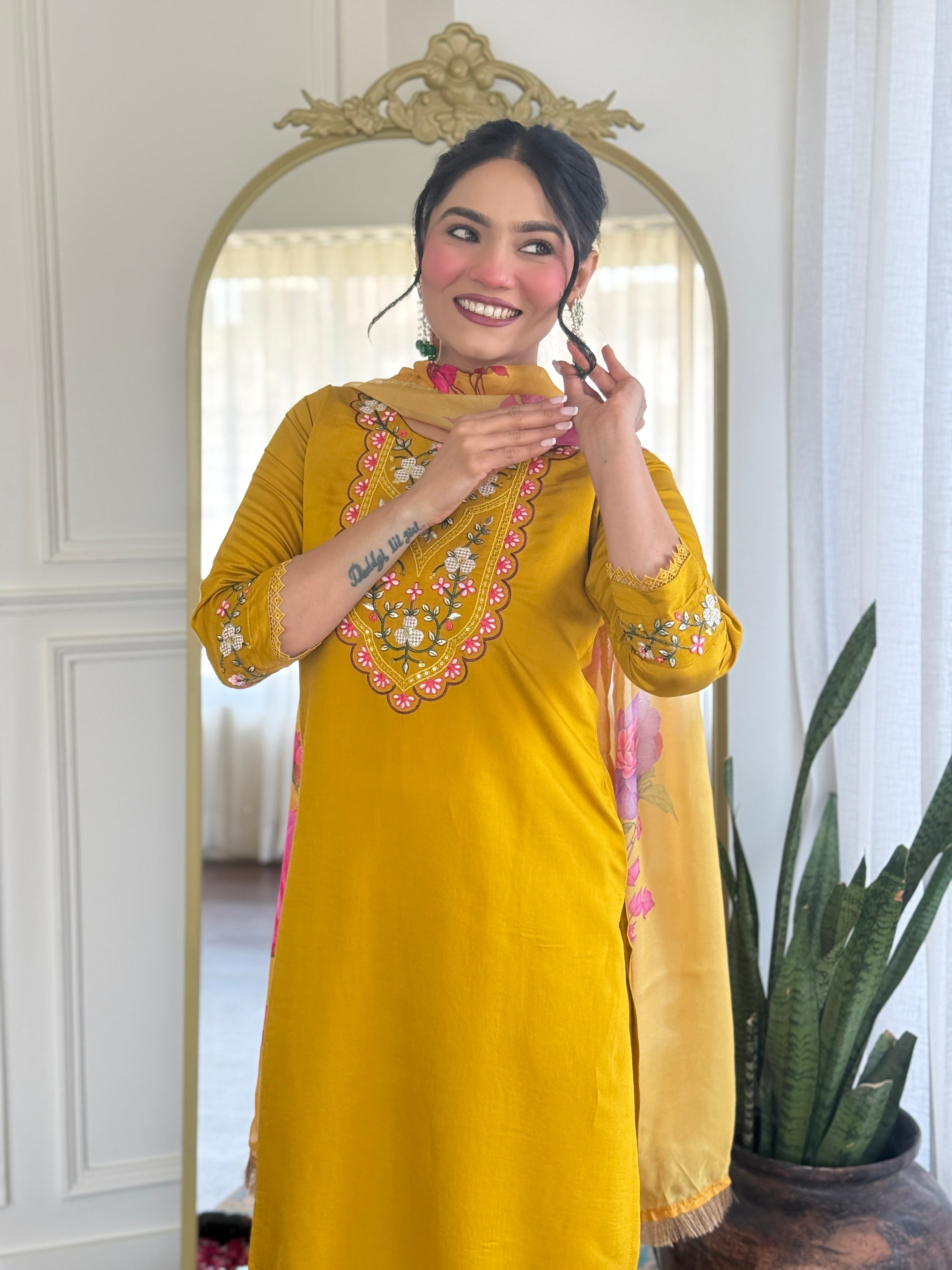 Women’s Yellow Viscose Chanderi Embroidered Kurta Set with Organza Cut-Work Dupatta