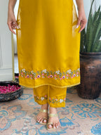 Women’s Yellow Viscose Chanderi Embroidered Kurta Set with Organza Cut-Work Dupatta