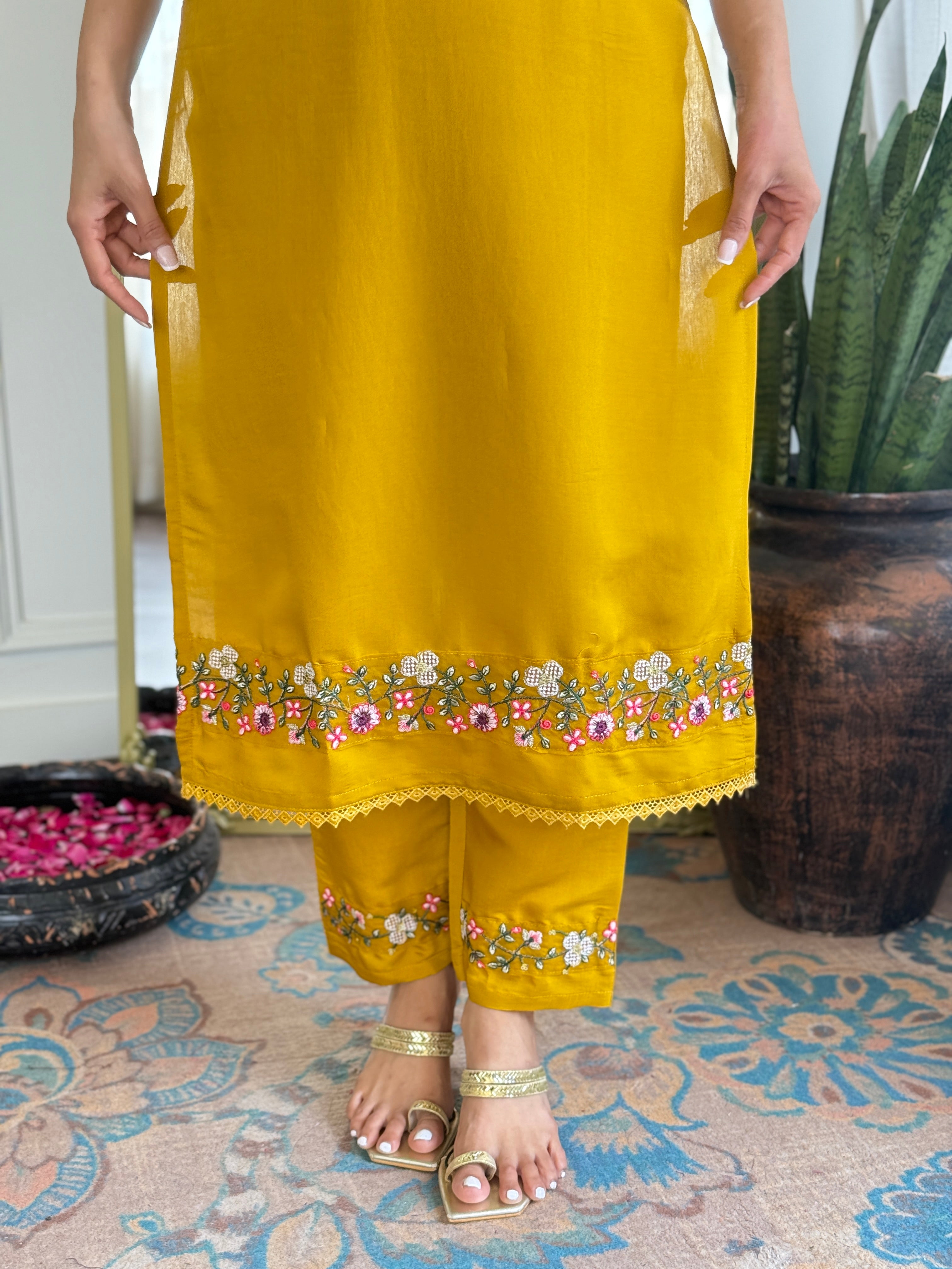 Women’s Yellow Viscose Chanderi Embroidered Kurta Set with Organza Cut-Work Dupatta