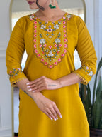 Women’s Yellow Viscose Chanderi Embroidered Kurta Set with Organza Cut-Work Dupatta
