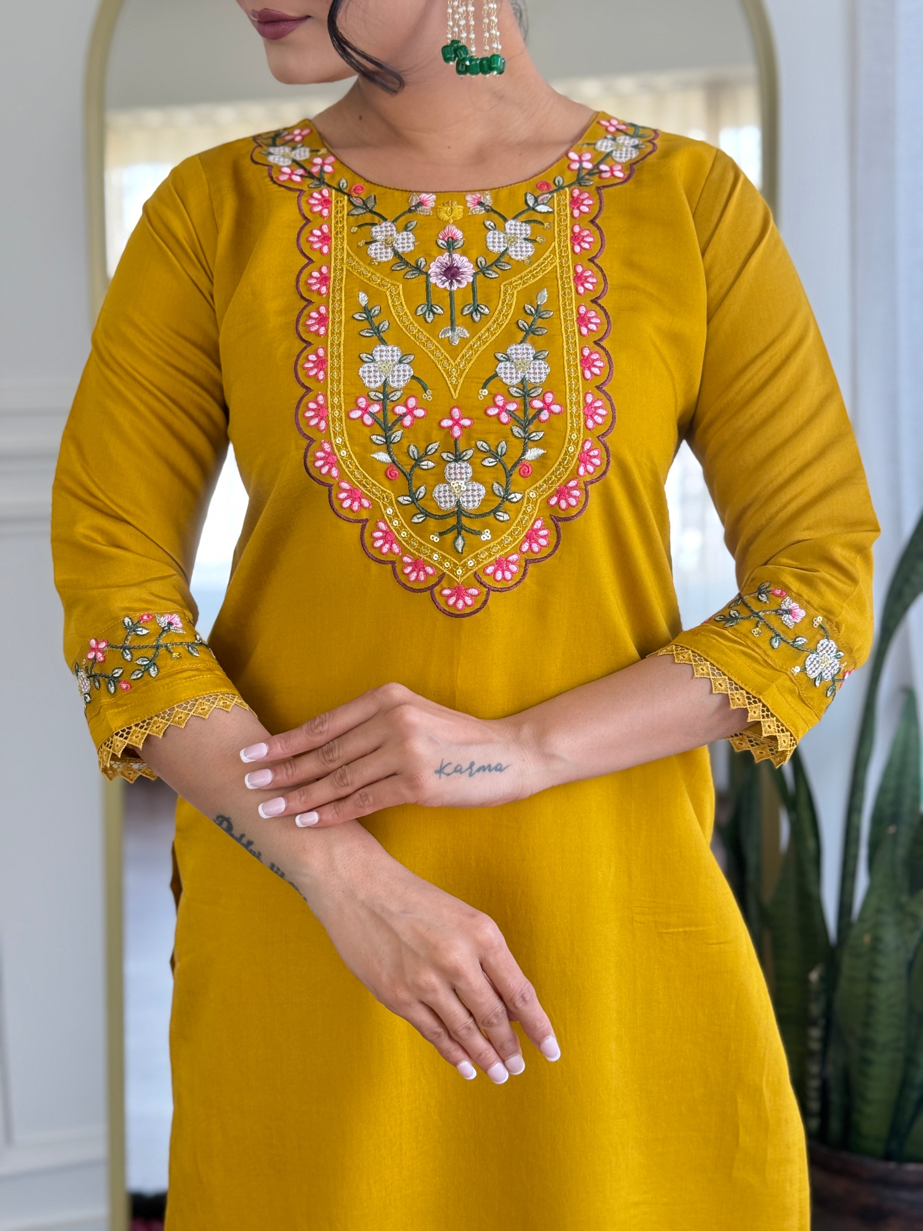 Women’s Yellow Viscose Chanderi Embroidered Kurta Set with Organza Cut-Work Dupatta