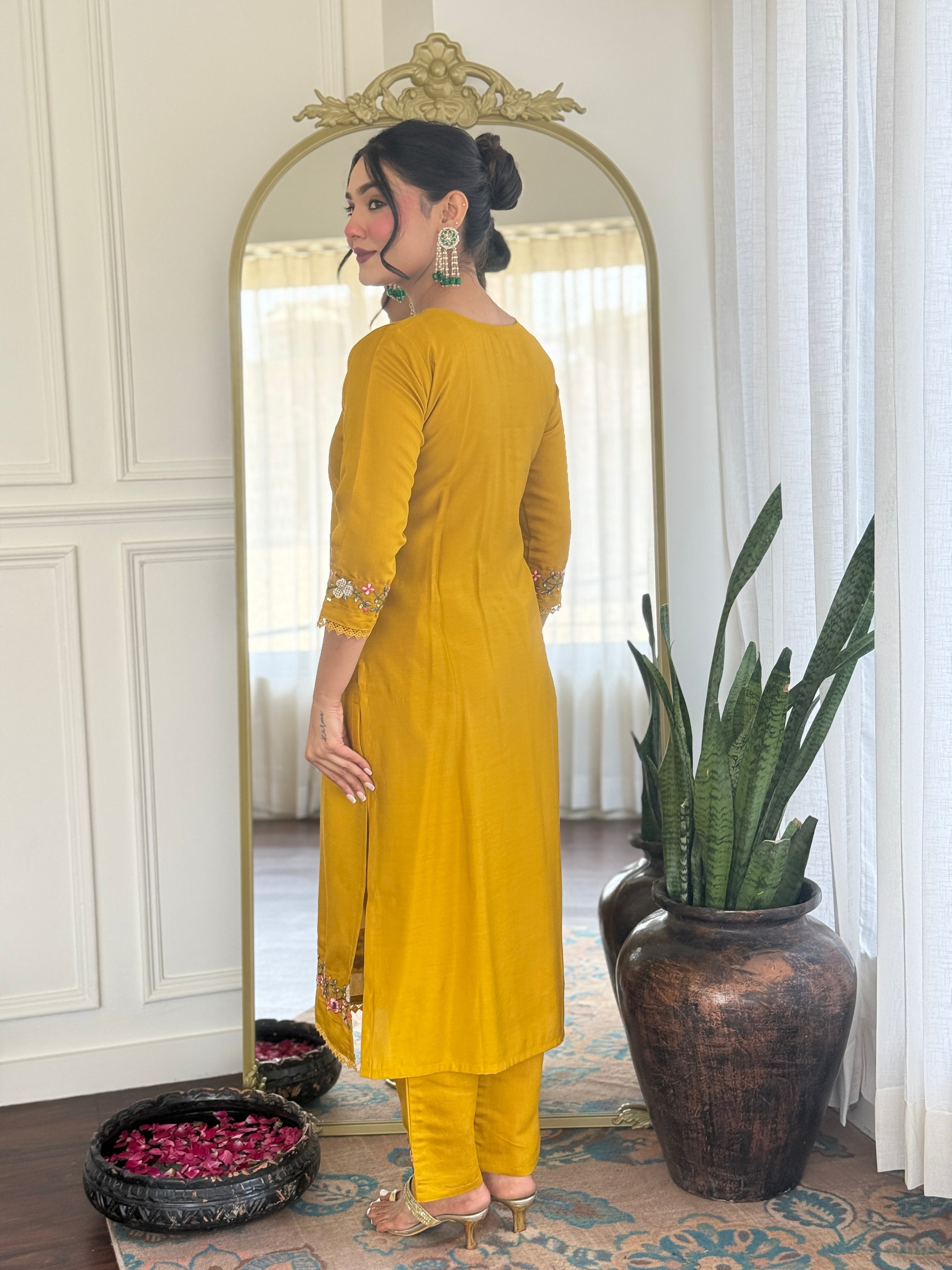 Women’s Yellow Viscose Chanderi Embroidered Kurta Set with Organza Cut-Work Dupatta