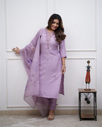 Women’s Lavender Soft Rayon Slub Embroidered Kurta Set with Chanderi Cotton Dupatta