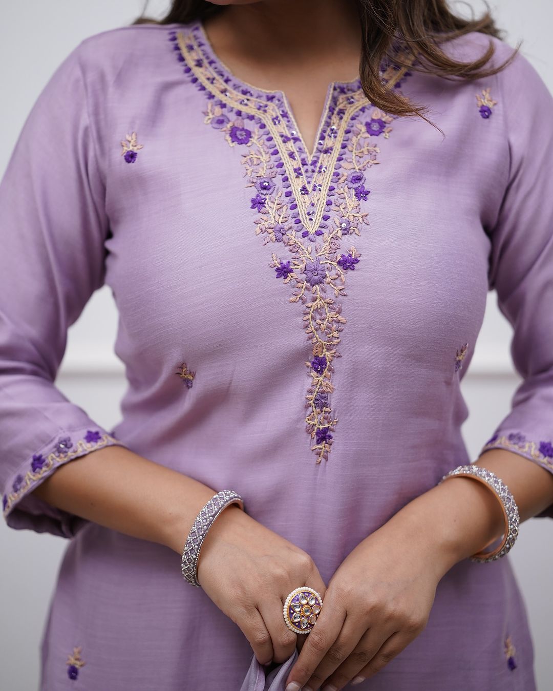 Women’s Lavender Soft Rayon Slub Embroidered Kurta Set with Chanderi Cotton Dupatta