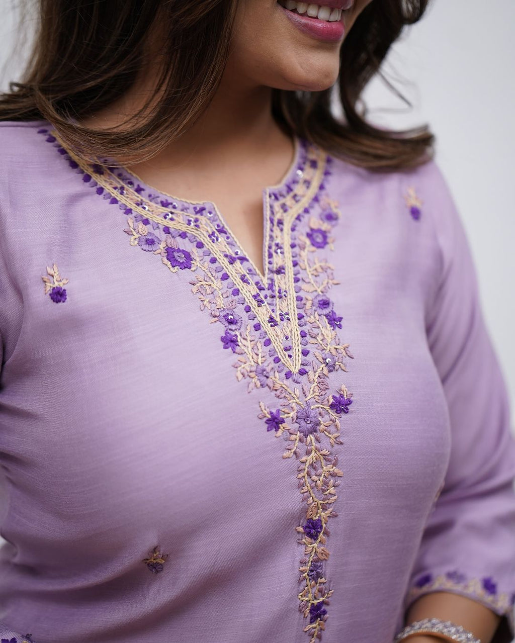 Women’s Lavender Soft Rayon Slub Embroidered Kurta Set with Chanderi Cotton Dupatta