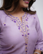 Women’s Lavender Soft Rayon Slub Embroidered Kurta Set with Chanderi Cotton Dupatta