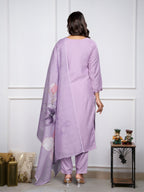 Women’s Lavender Soft Rayon Slub Embroidered Kurta Set with Chanderi Cotton Dupatta