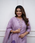Women’s Lavender Soft Rayon Slub Embroidered Kurta Set with Chanderi Cotton Dupatta