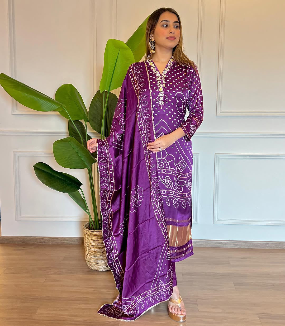 Women’s Purple Printed & Embroidered Viscose Kurta Set with Cotton Bottom & Chanderi Dupatta