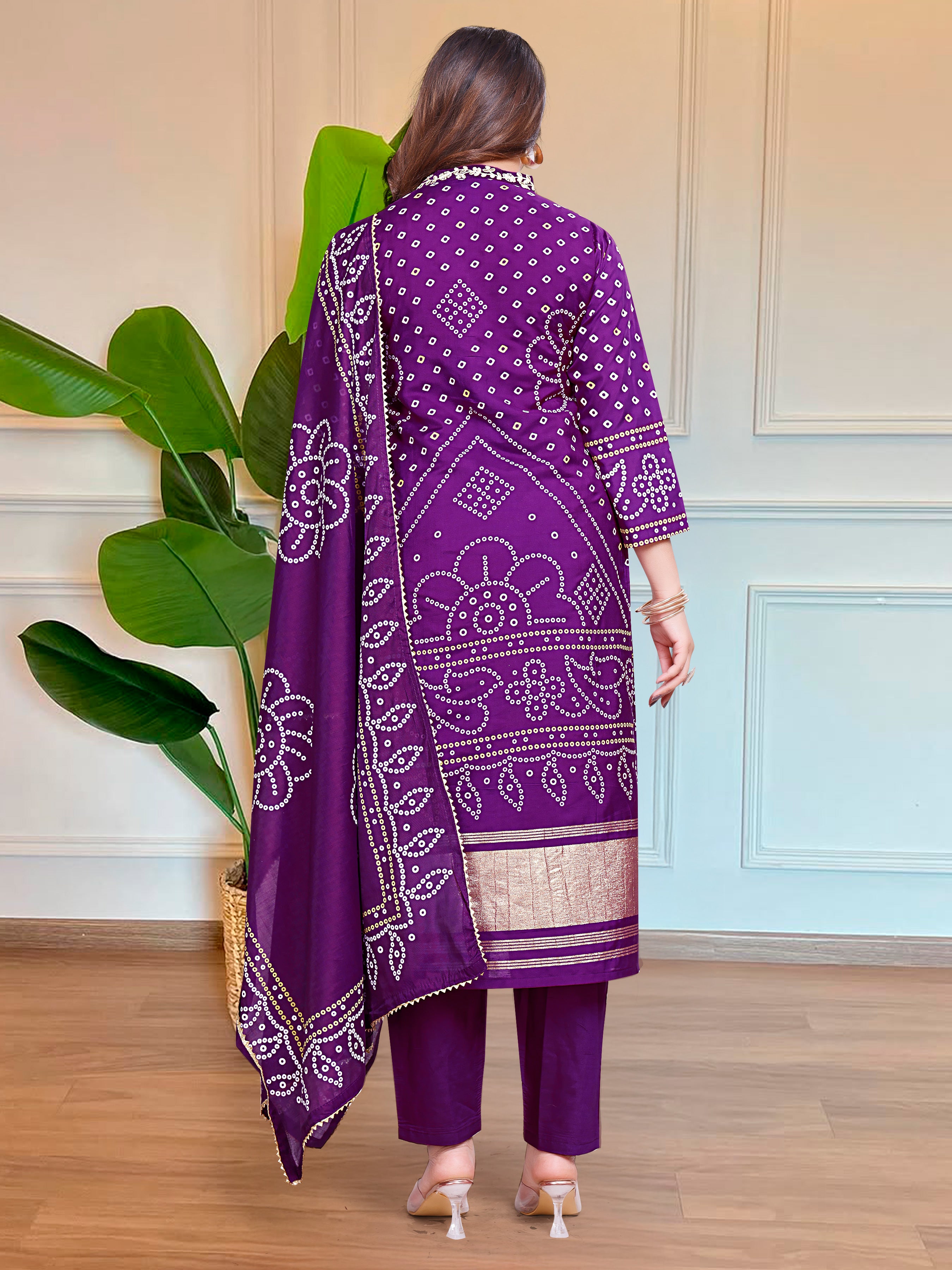 Women’s Purple Printed & Embroidered Viscose Kurta Set with Cotton Bottom & Chanderi Dupatta