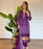 Women’s Purple Printed & Embroidered Viscose Kurta Set with Cotton Bottom & Chanderi Dupatta
