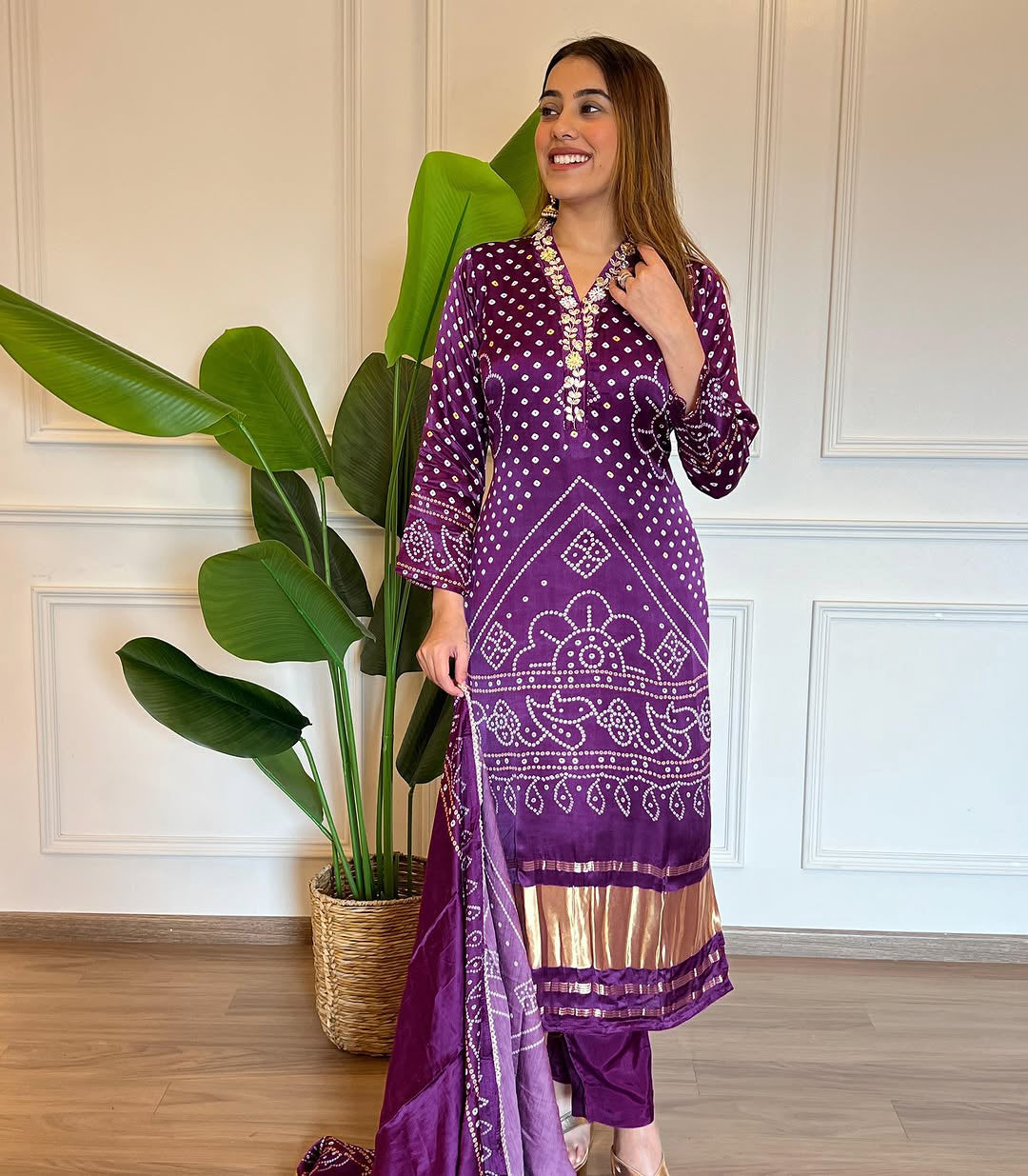 Women’s Purple Printed & Embroidered Viscose Kurta Set with Cotton Bottom & Chanderi Dupatta