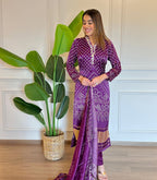 Women’s Purple Printed & Embroidered Viscose Kurta Set with Cotton Bottom & Chanderi Dupatta