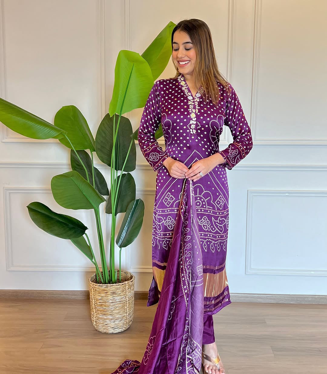Women’s Purple Printed & Embroidered Viscose Kurta Set with Cotton Bottom & Chanderi Dupatta