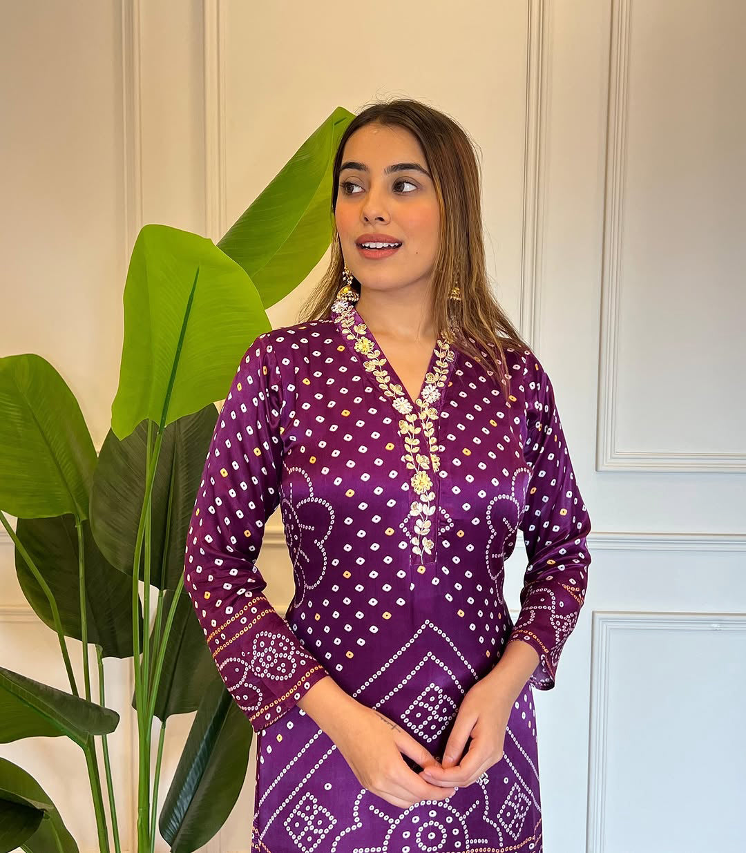 Women’s Purple Printed & Embroidered Viscose Kurta Set with Cotton Bottom & Chanderi Dupatta