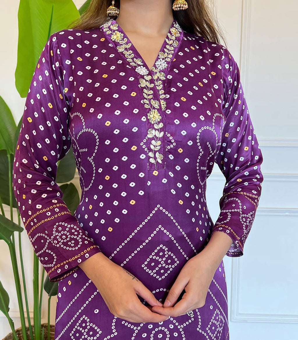 Women’s Purple Printed & Embroidered Viscose Kurta Set with Cotton Bottom & Chanderi Dupatta