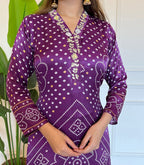 Women’s Purple Printed & Embroidered Viscose Kurta Set with Cotton Bottom & Chanderi Dupatta
