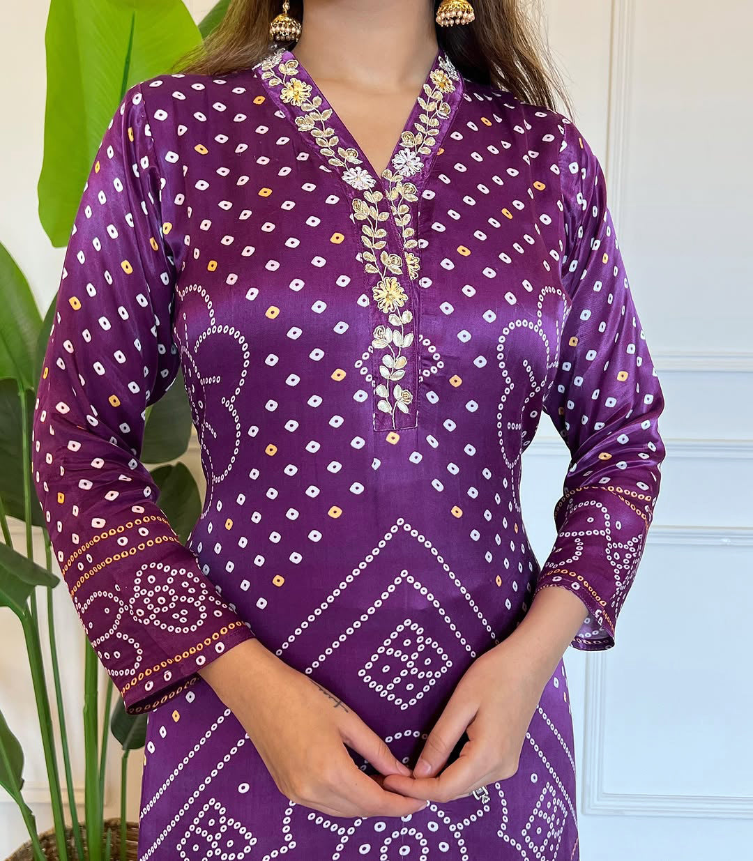 Women’s Purple Printed & Embroidered Viscose Kurta Set with Cotton Bottom & Chanderi Dupatta