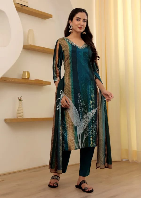 Women’s Rama Soft Rayon Slub Embroidered Kurta Set with Cotton Chanderi Dupatta