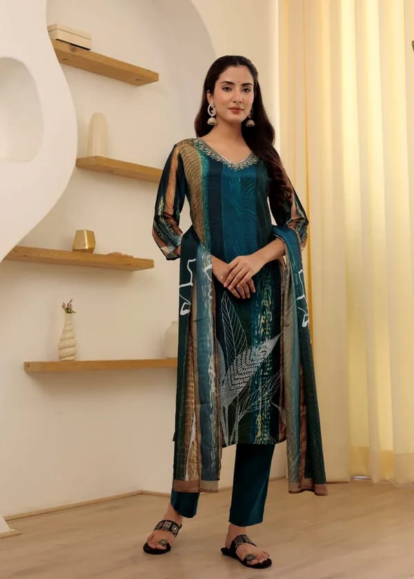 Women’s Rama Soft Rayon Slub Embroidered Kurta Set with Cotton Chanderi Dupatta