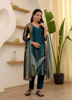 Women’s Rama Soft Rayon Slub Embroidered Kurta Set with Cotton Chanderi Dupatta