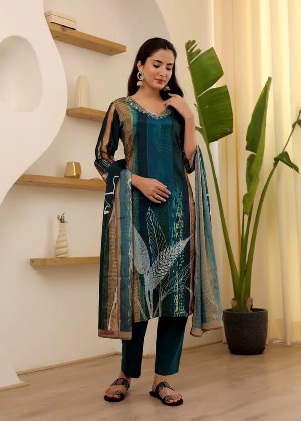Women’s Rama Soft Rayon Slub Embroidered Kurta Set with Cotton Chanderi Dupatta