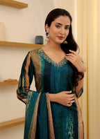 Women’s Rama Soft Rayon Slub Embroidered Kurta Set with Cotton Chanderi Dupatta
